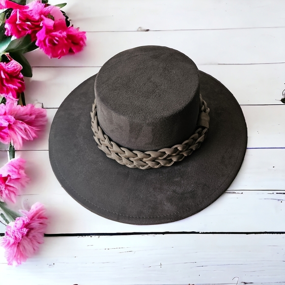 Chocolate Boho Chic Suede Hat with braided trim - Picture 4 of 6